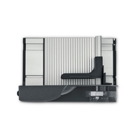 Close-up of a gray cutting device with a ridged surface and a black handle