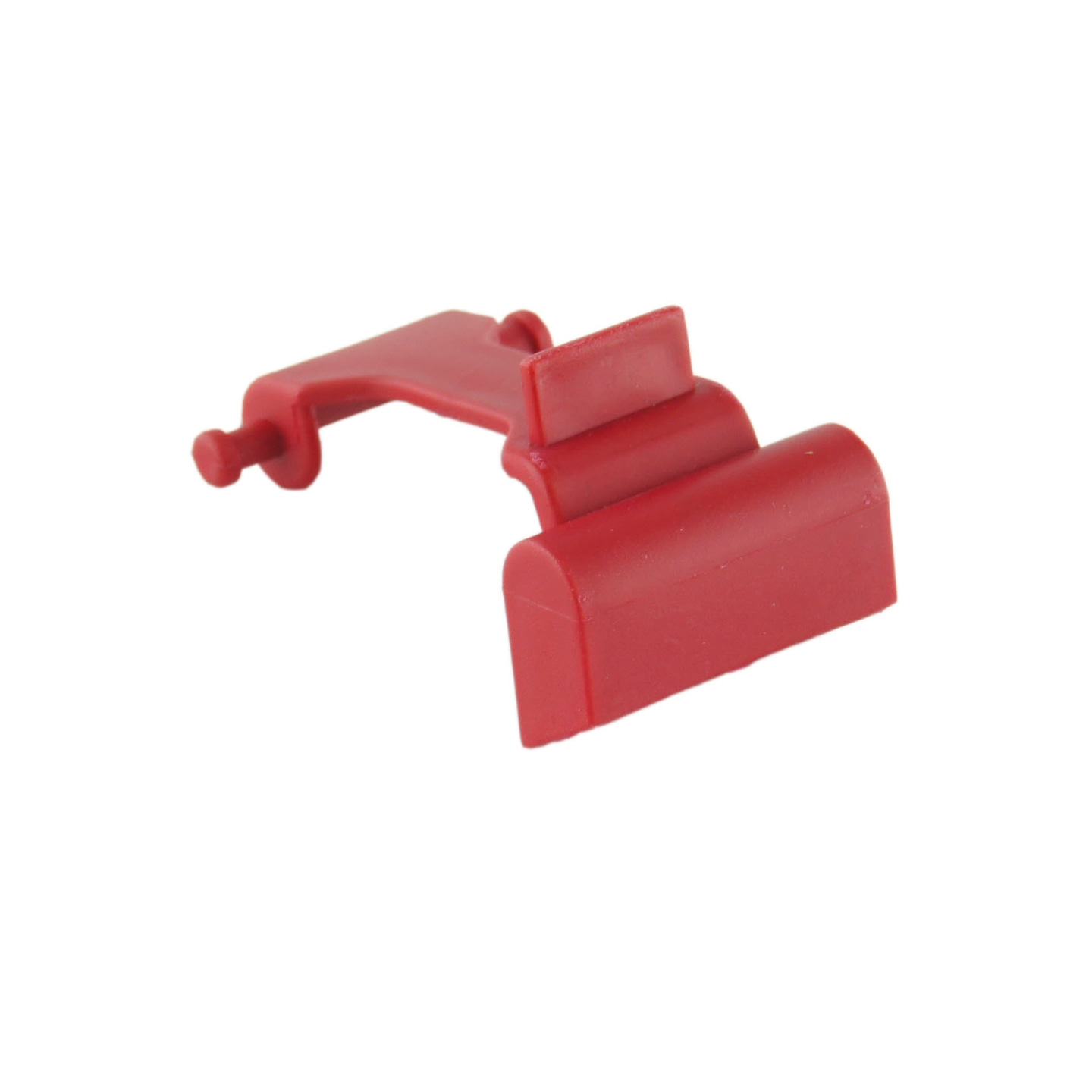 Componente in plastica rossa dalla forma insolita, isolato su sfondo bianco.