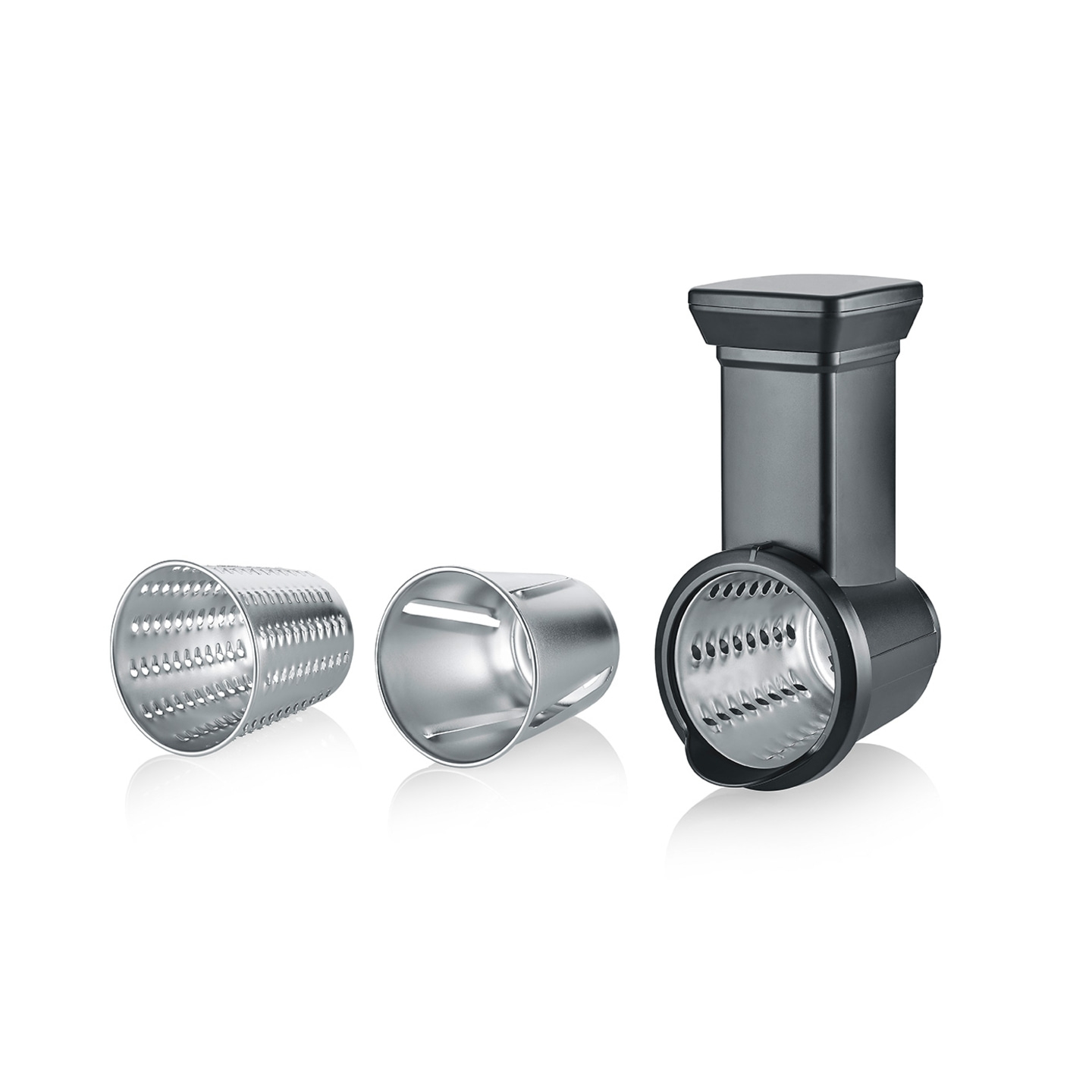 Vegetable slicer with various attachments, grey and silver, isolated on white