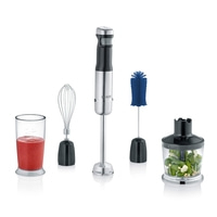 Immersion blender set with accessories, glass, whisk, brush, and container.