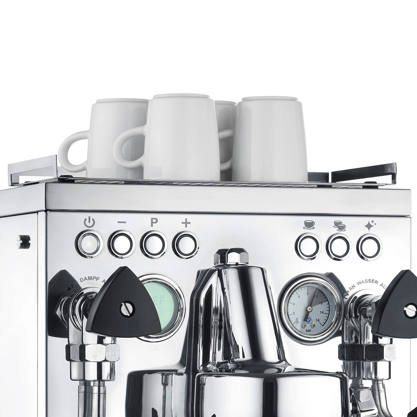 Macchina per caffè espresso con tazze, pulsanti e manometri. Finitura metallo lucido.