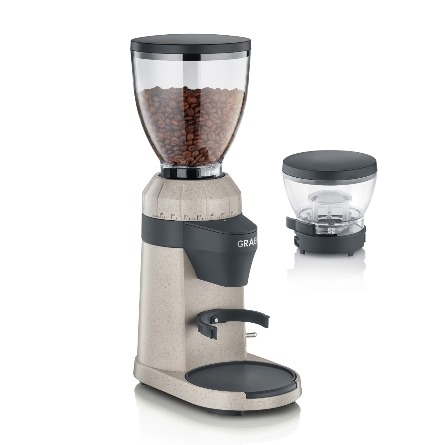 Coffee grinder with beans and extra container, grey color