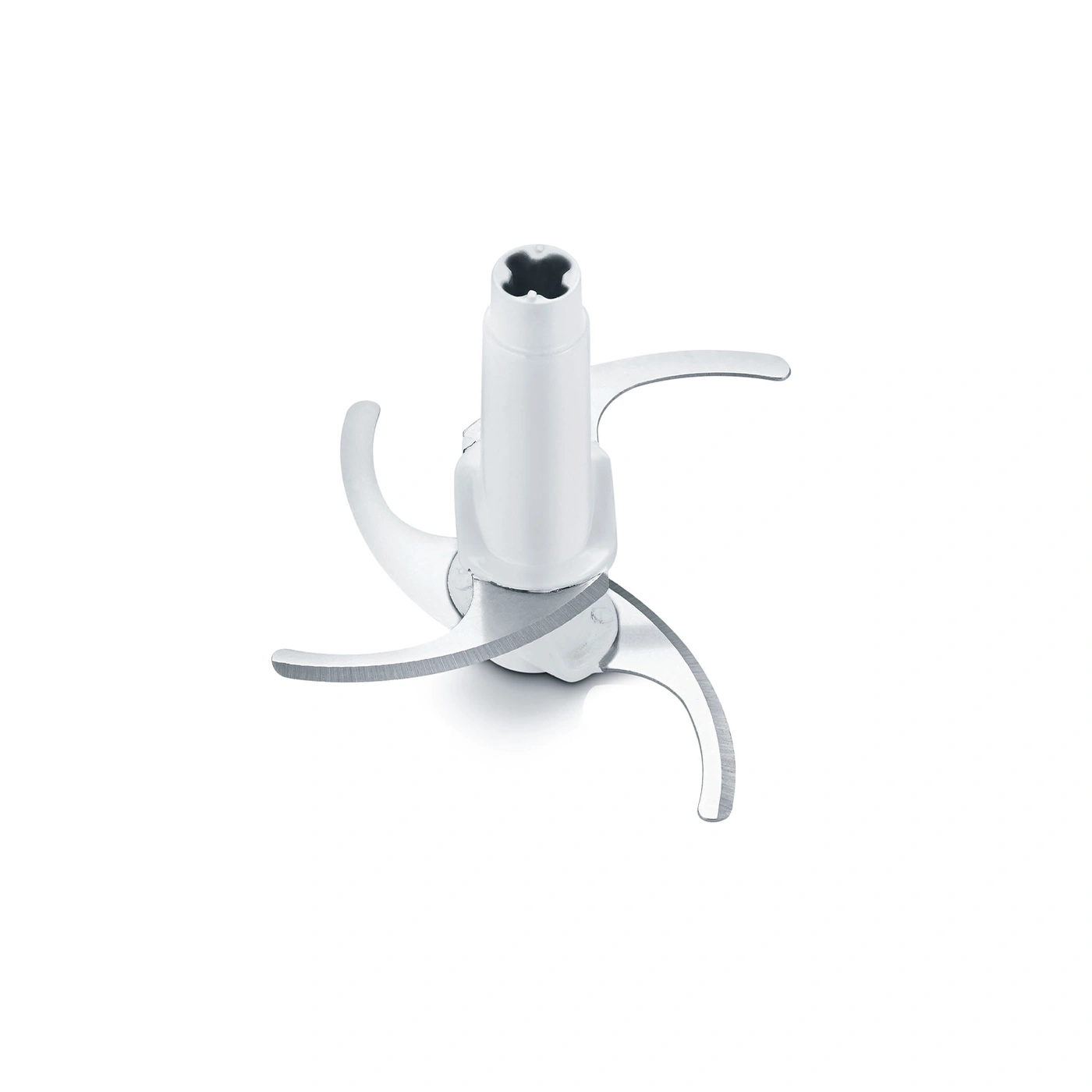 White kitchen appliance with sharp blades isolated on white background, close-up.