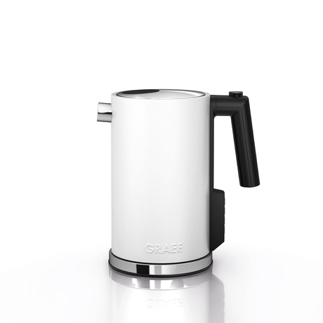 White electric kettle with black handle and GRAEF logo on a white background.