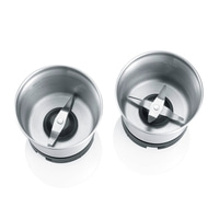 Two silver coffee grinders with blades on white background, close-up shot.