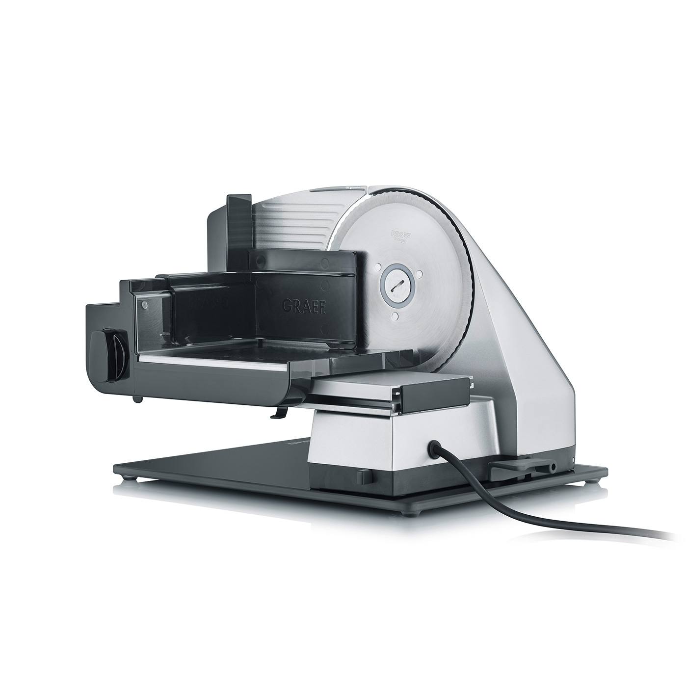 Silver Graef food slicer with black housing and power cord isolated on white background