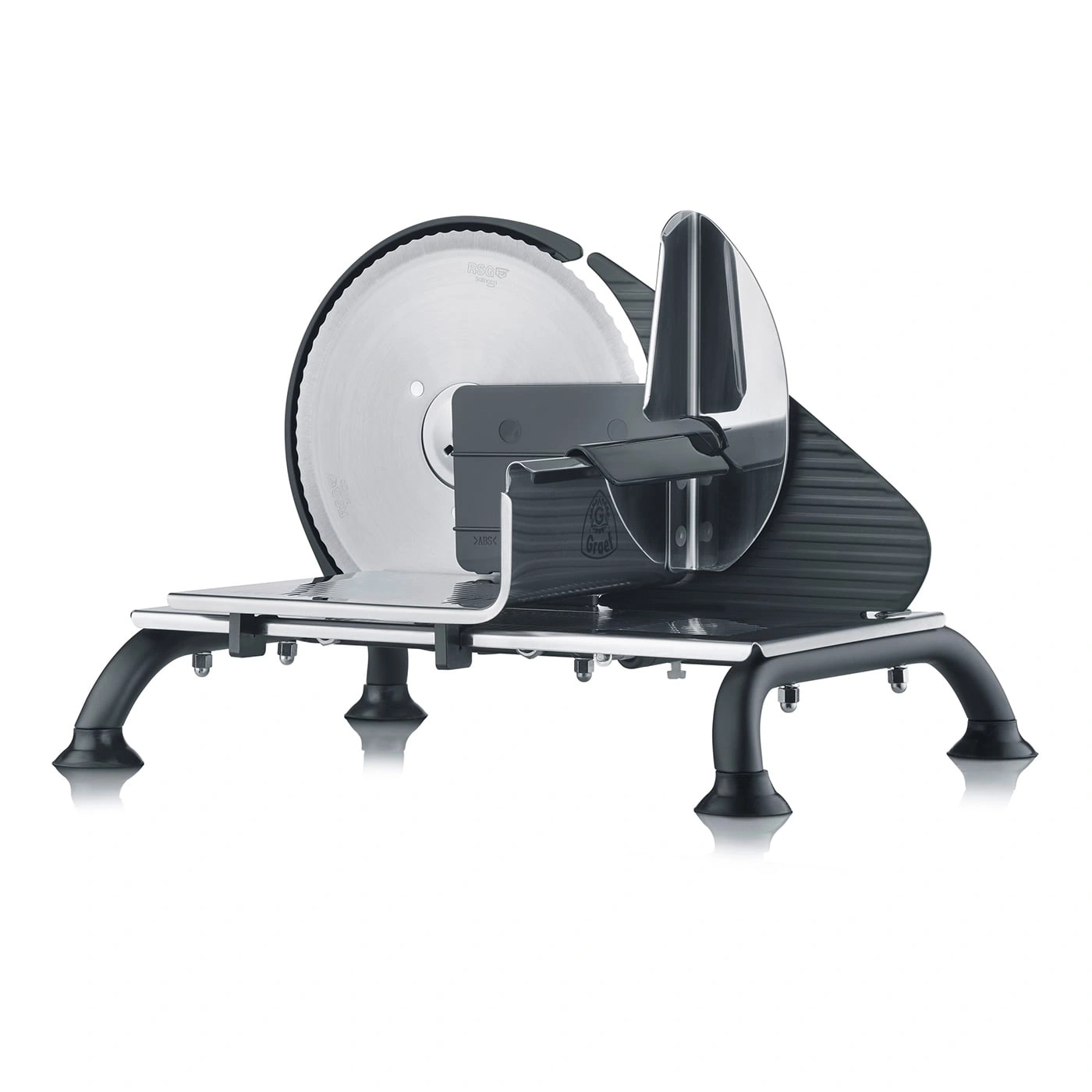 Electric food slicer with large circular blade and black housing, ready to slice.
