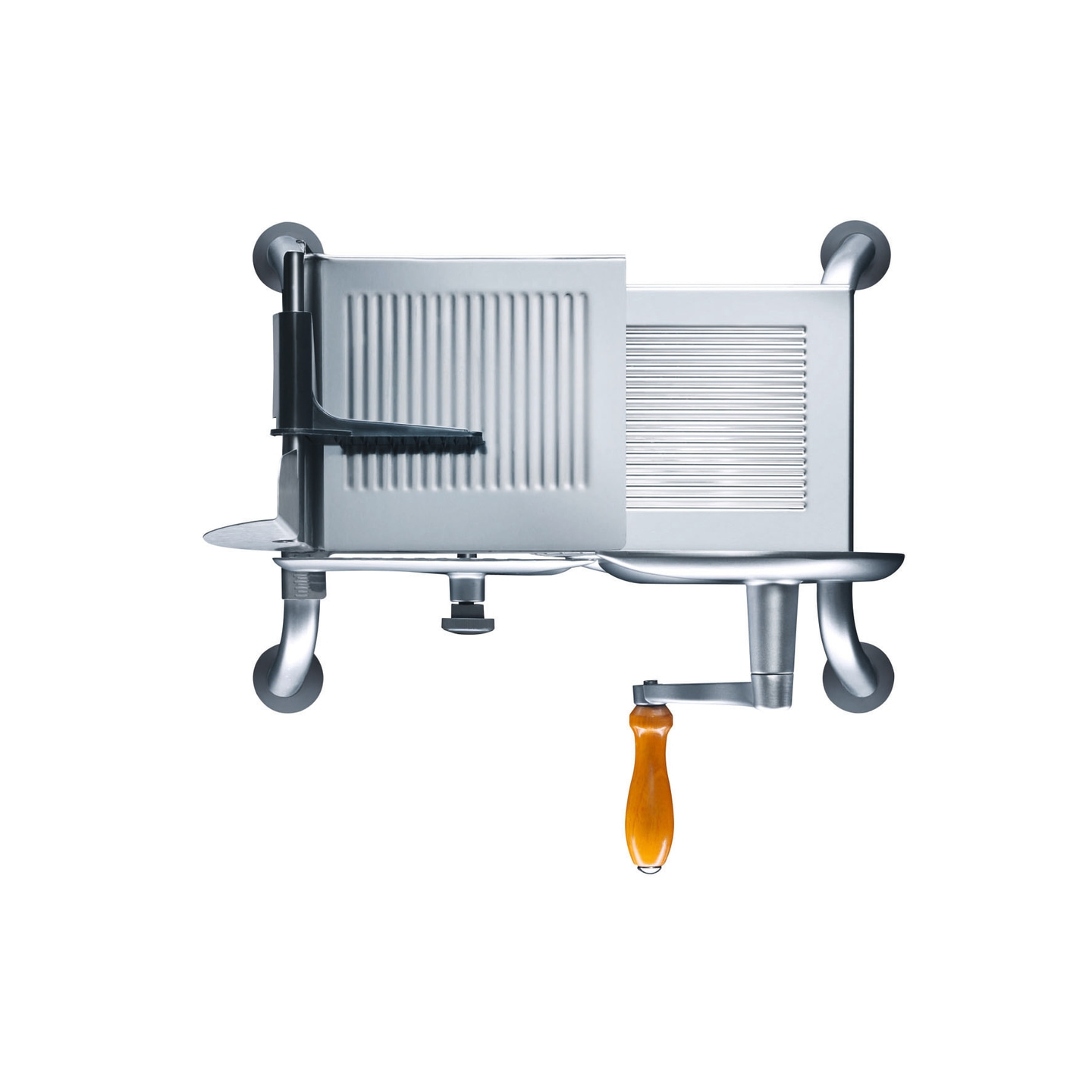 Trancheuse à viande, métal, manche en bois, appareil de cuisine, isolé, fond blanc, gros plan