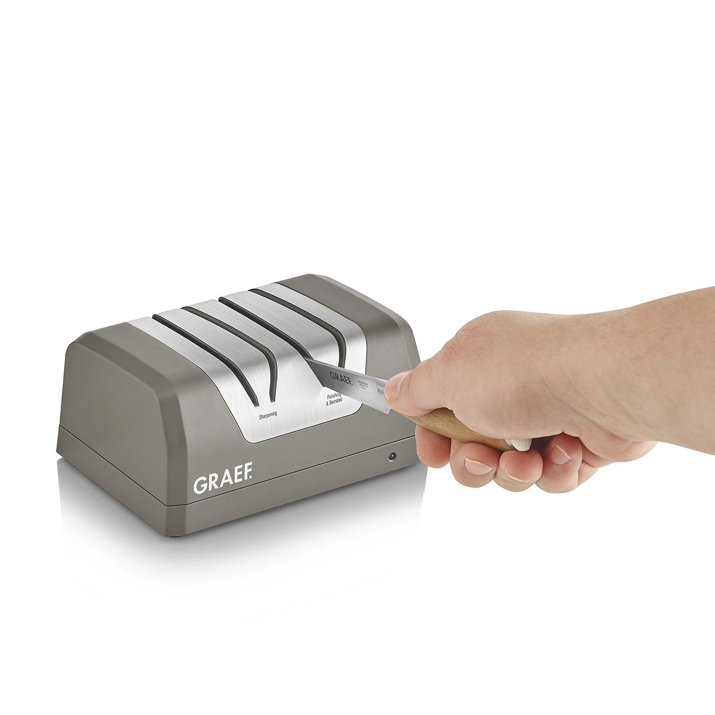 Graef knife sharpener, knife, hand, sharpening, kitchen tool, gray, wooden handle