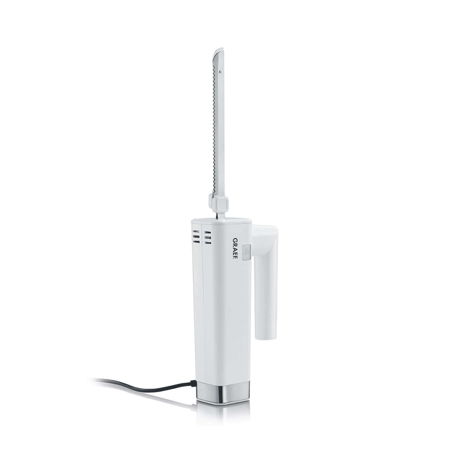 White electric knife with blade, handle, and cable. Features the GRAEF logo.