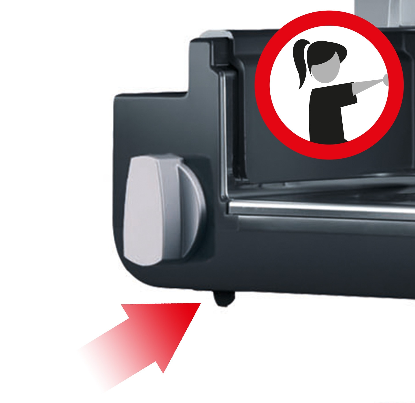 Une flèche rouge pointe vers un bouton rotatif et un symbole d'avertissement avec une femme.