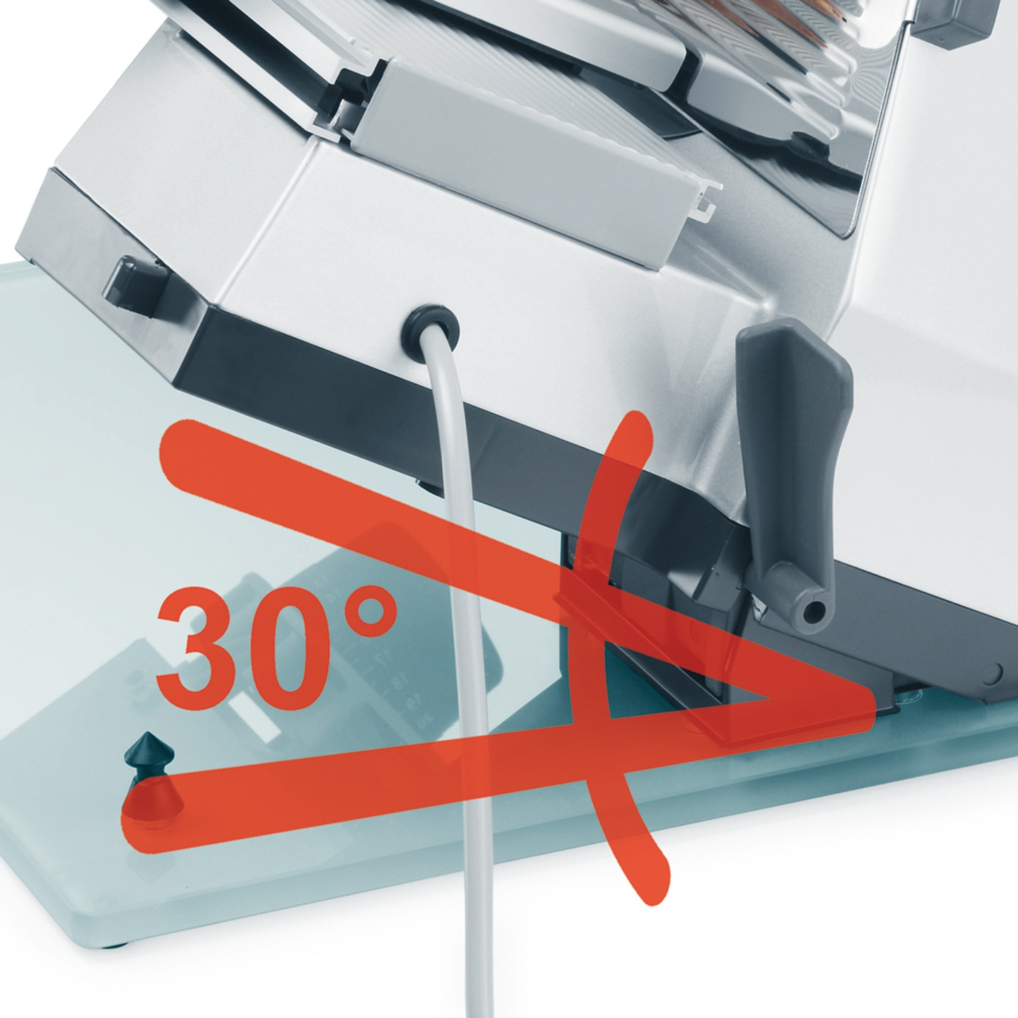 Trancheuse à viande avec angle de 30 degrés, gros plan, marquage rouge, indicateur d'angle