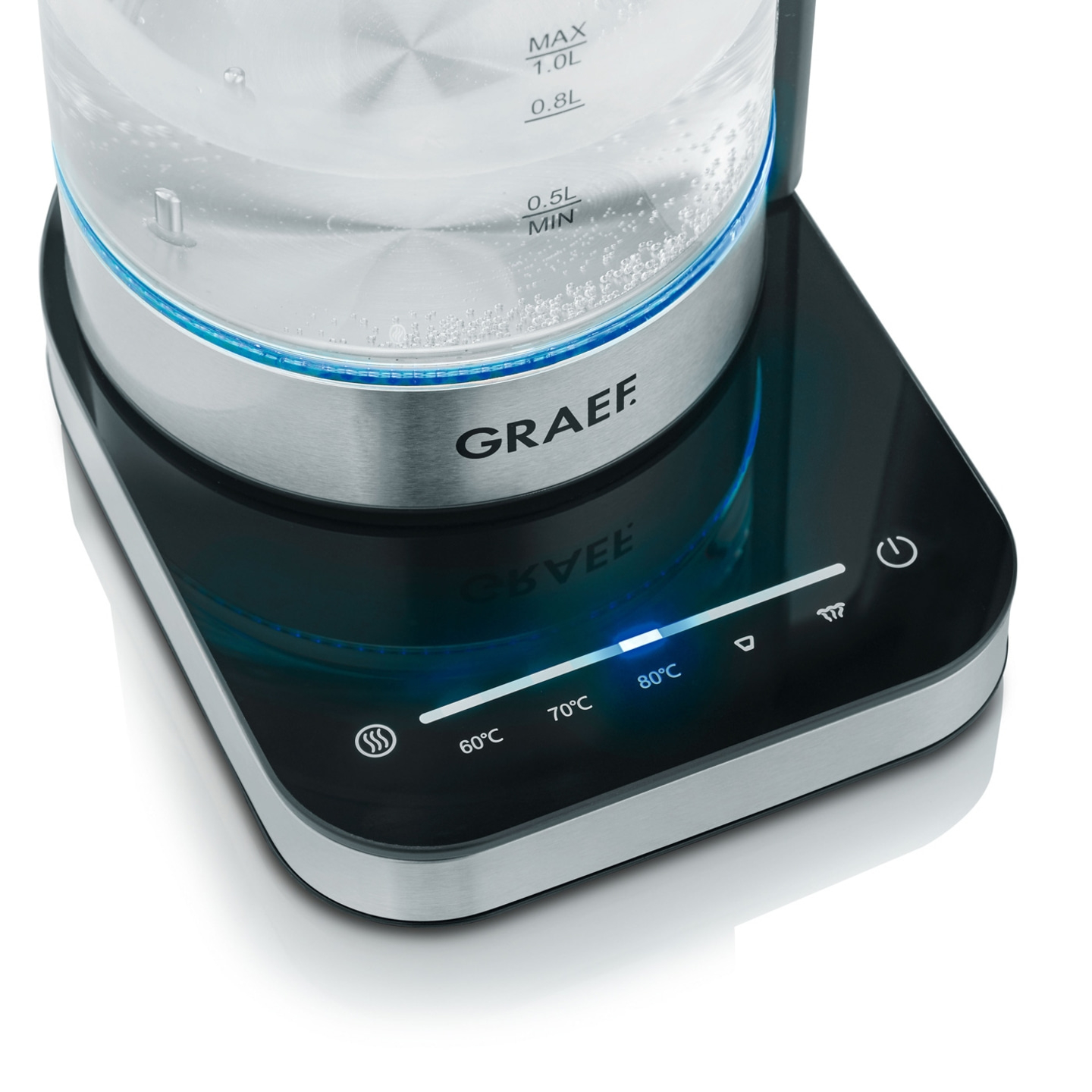 Electric kettle with temperature control, glass and stainless steel, GRAEF brand, 80°C setting, modern design.