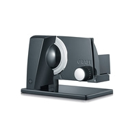 Trancheuse Graef noire avec bouton et lame, isolée sur fond blanc, appareil de cuisine