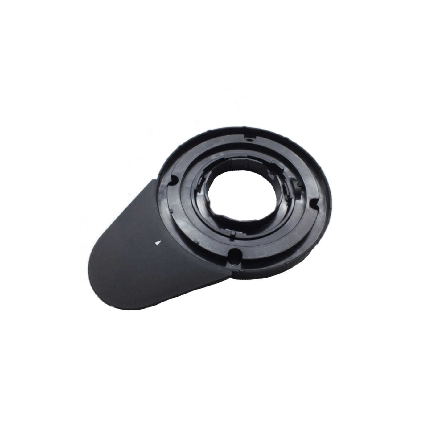 Black plastic part with a circular design and an attached handle, isolated.