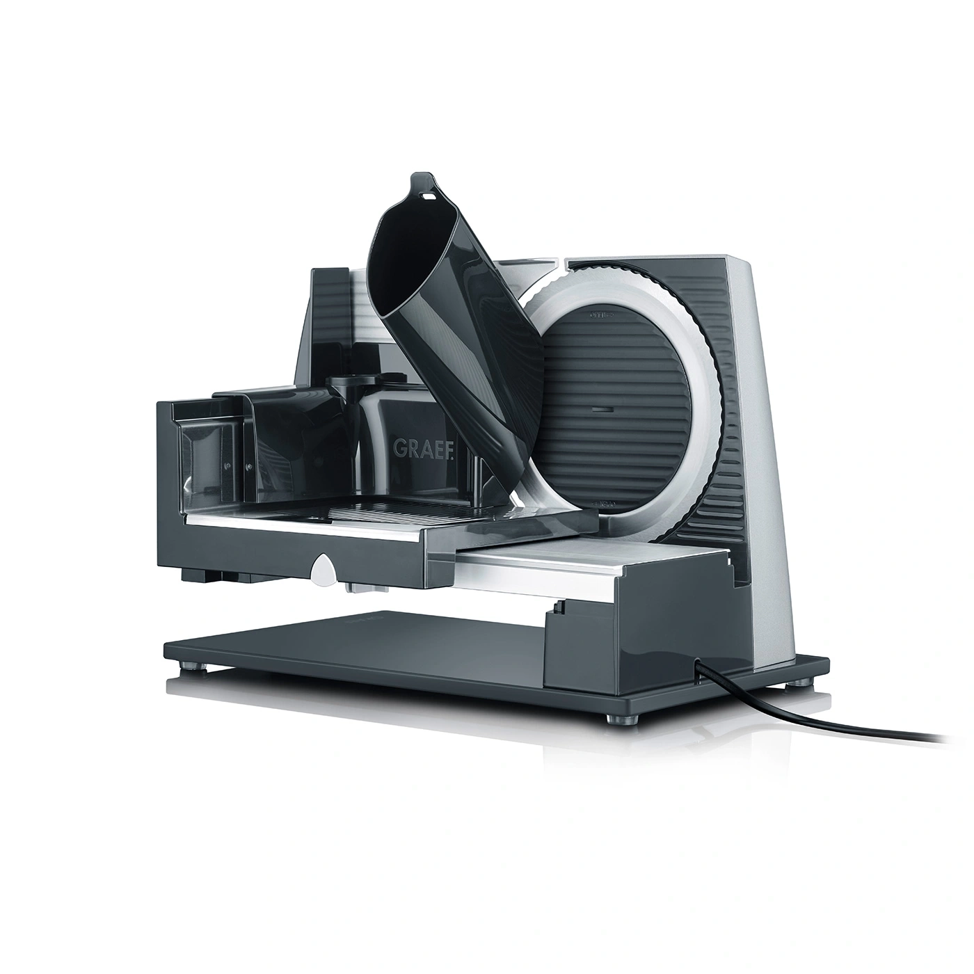 Graef slicer, electric, grey, with black cable, isolated on white background