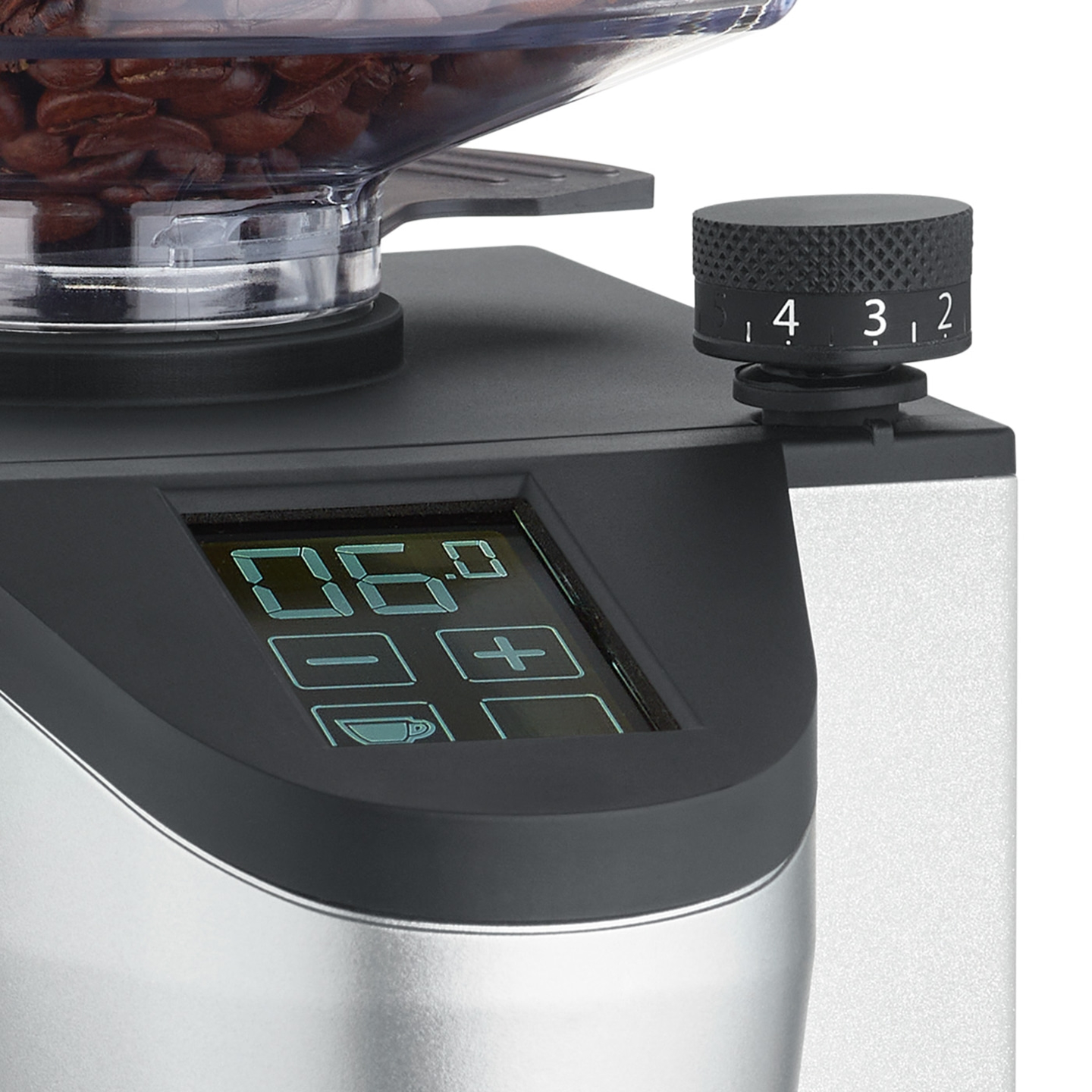 Macinacaffè con display e manopola di regolazione della macinatura.