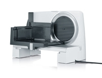 Trancheuse alimentaire Graef blanche avec chariot noir et lame, pour couper les aliments.