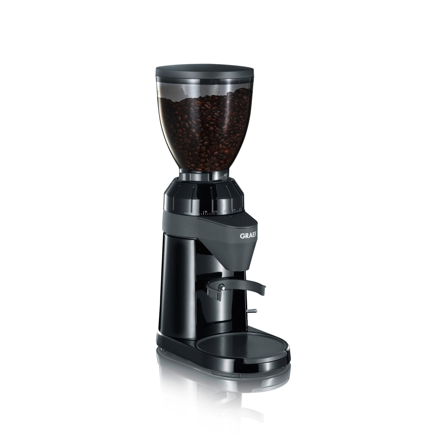Black coffee grinder with bean container, Graef brand, perfect for coffee lovers.