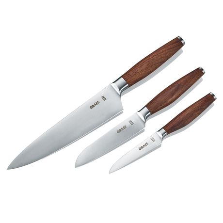 Three knives with wooden handles on white background, GRAEF logo visible