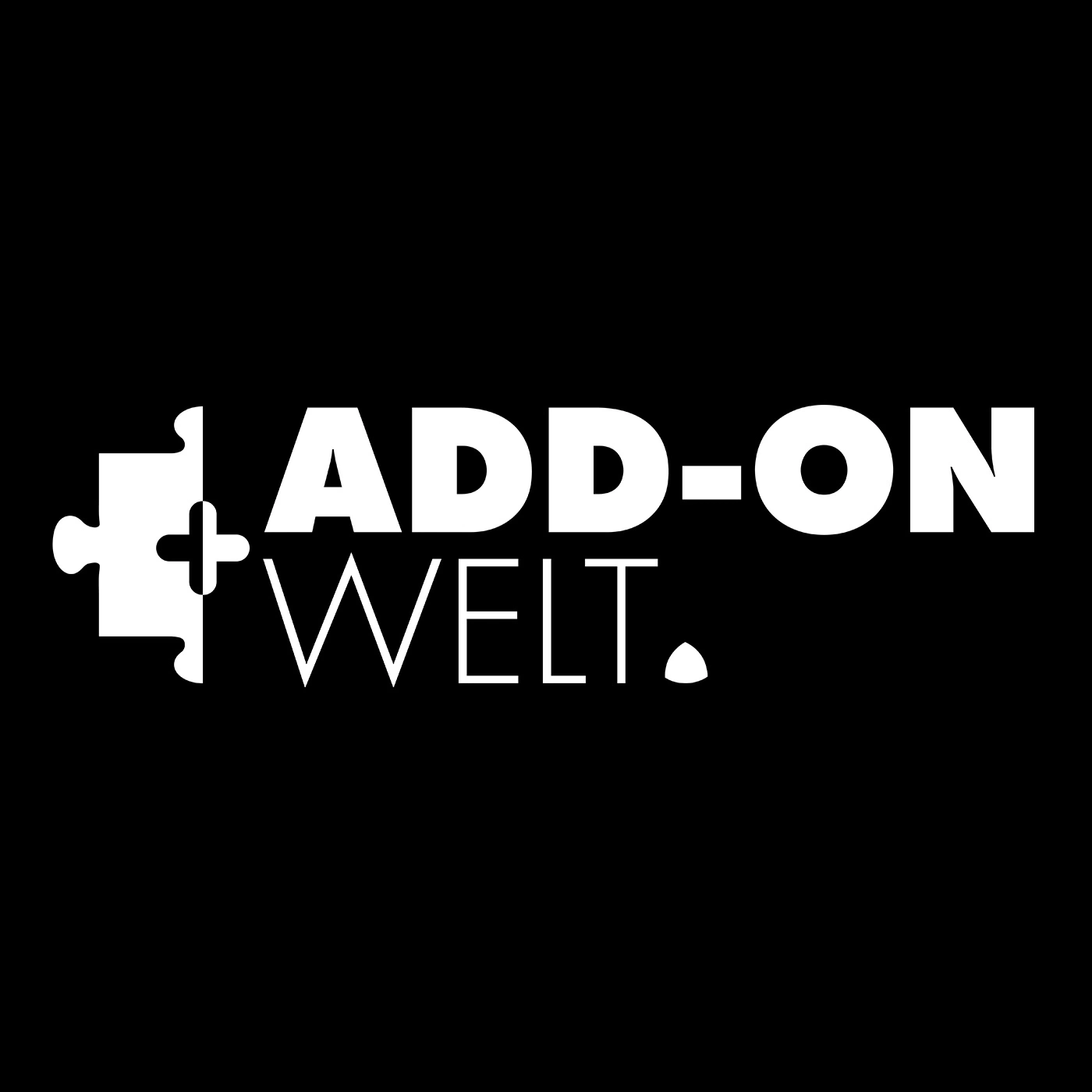 Un logo blanc avec une pièce de puzzle et le texte ADD-ON WELT.