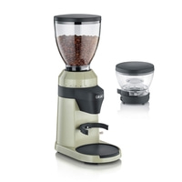 Coffee grinder with beans and extra container, light green and black.