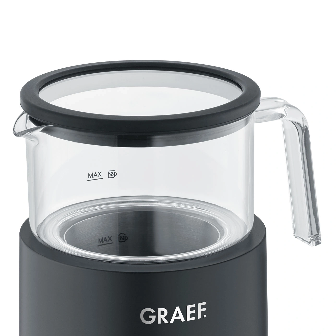 Machine à café avec carafe en verre et poignée, marquages MAX, logo GRAEF, base noire