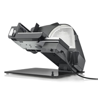 Electric slicer, black, angled, with cable and base, isolated on white background