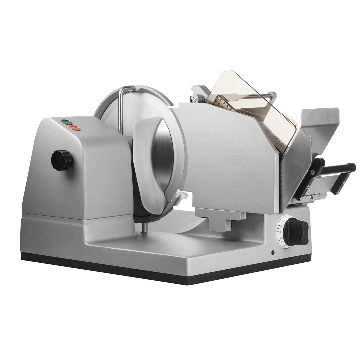 Silver Graef food slicer with blade and control knobs, close-up shot on white background