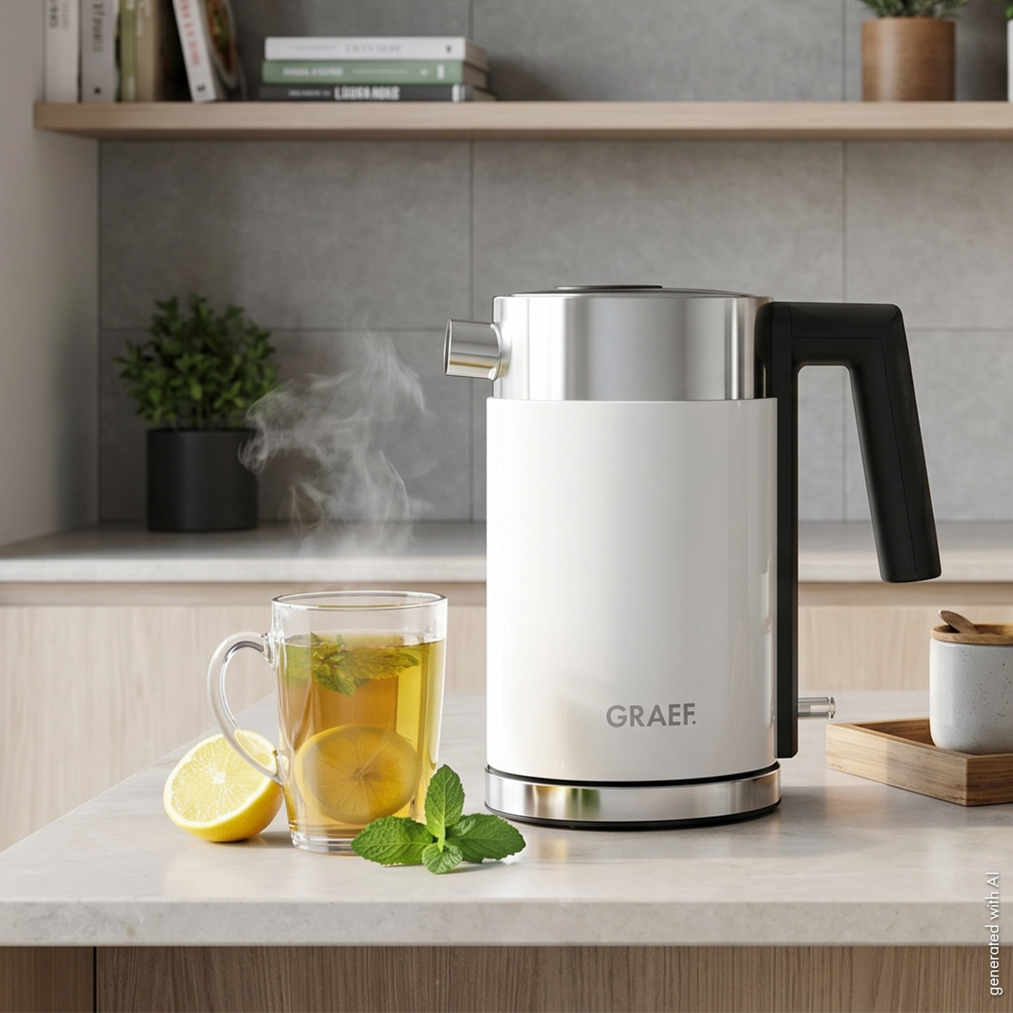 A kettle with steaming tea, lemon, and mint on a countertop.