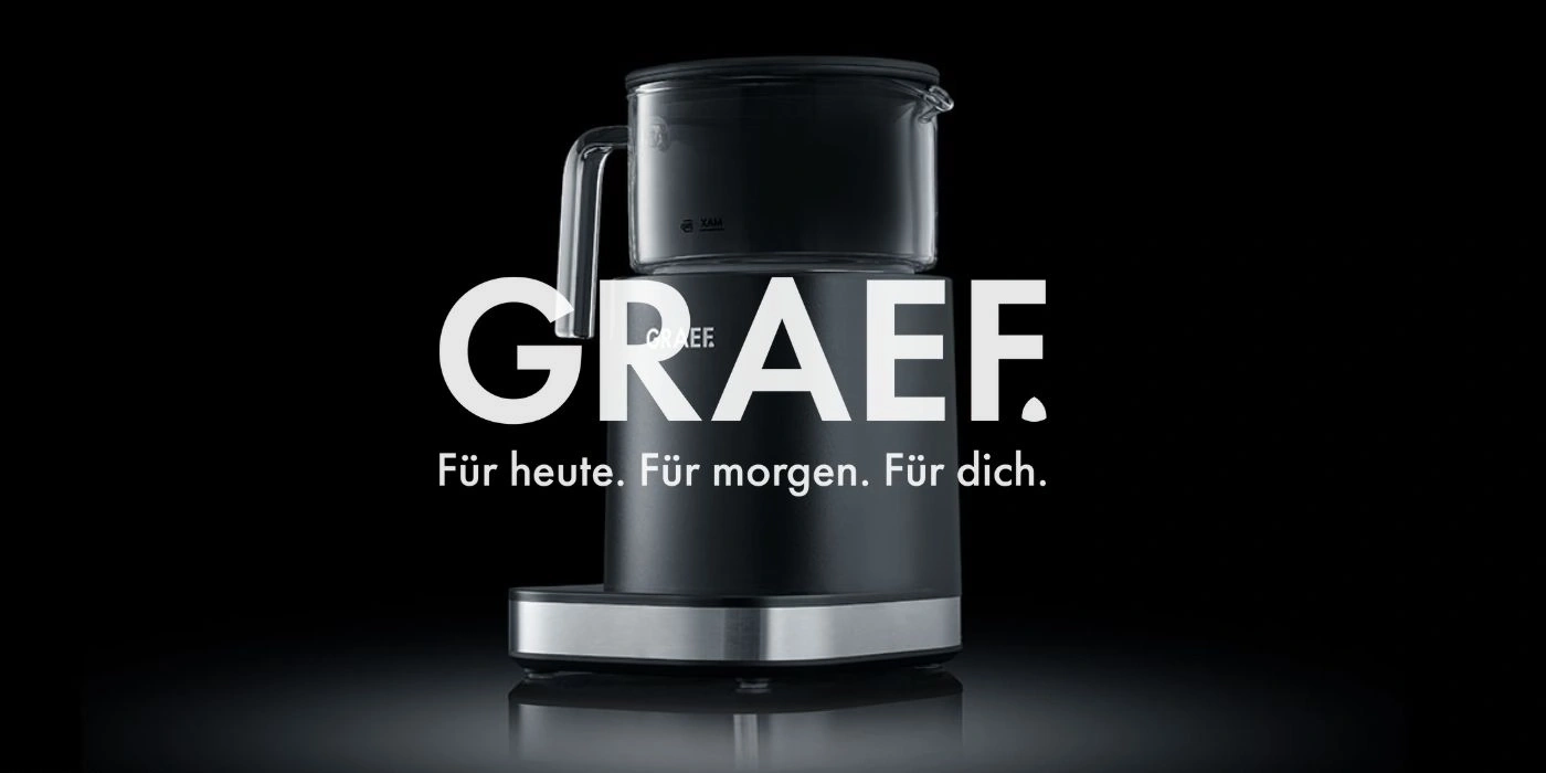 Machine à café avec texte : GRAEF. Pour aujourd'hui. Pour demain. Pour vous.