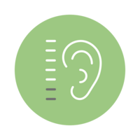 Symbole d'oreille avec échelle de mesure sur fond vert, pour tests et mesures auditifs.