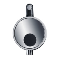 Metal pot lid with handle and black knob, round shape, shiny