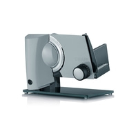 Trancheuse Graef grise avec lame et cadran, sur socle en verre, appareil de cuisine