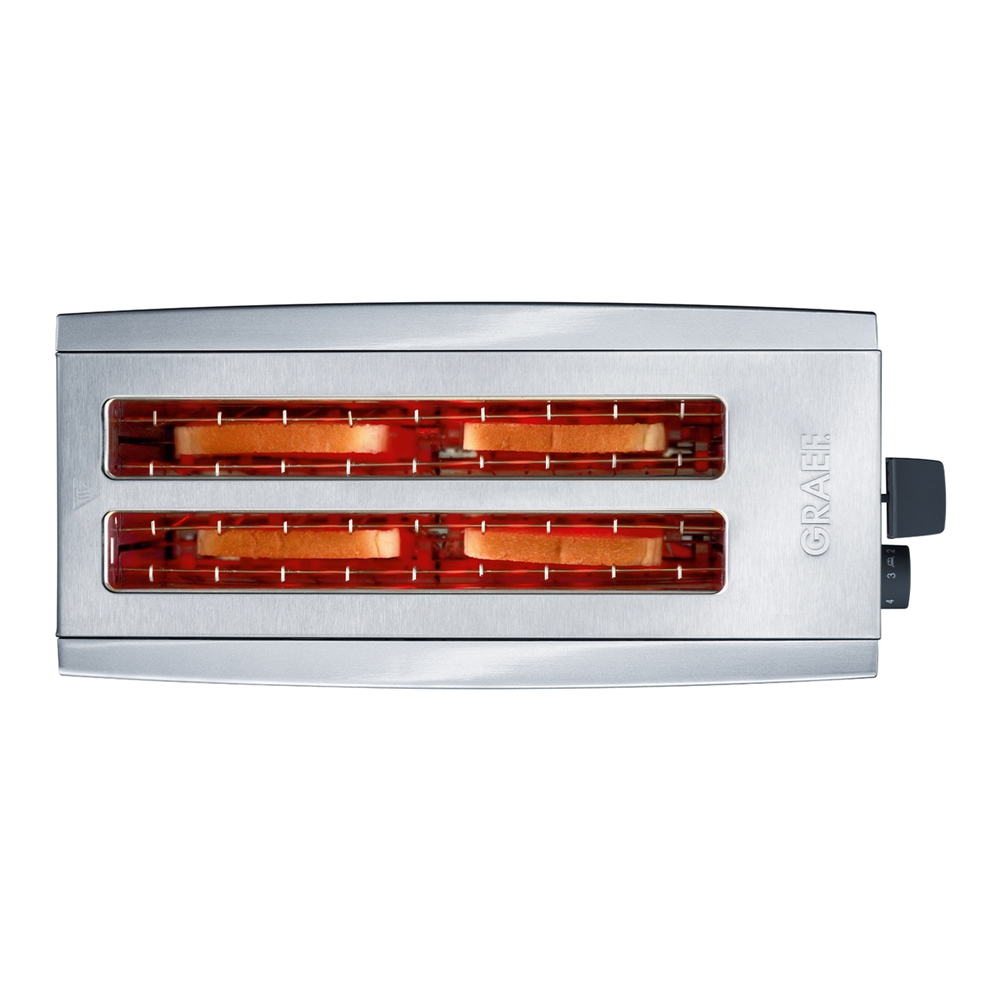 A silver toaster with bread slices inside, currently in the toasting process.