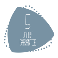 5 ans de garantie, panneau bleu avec texte blanc et points