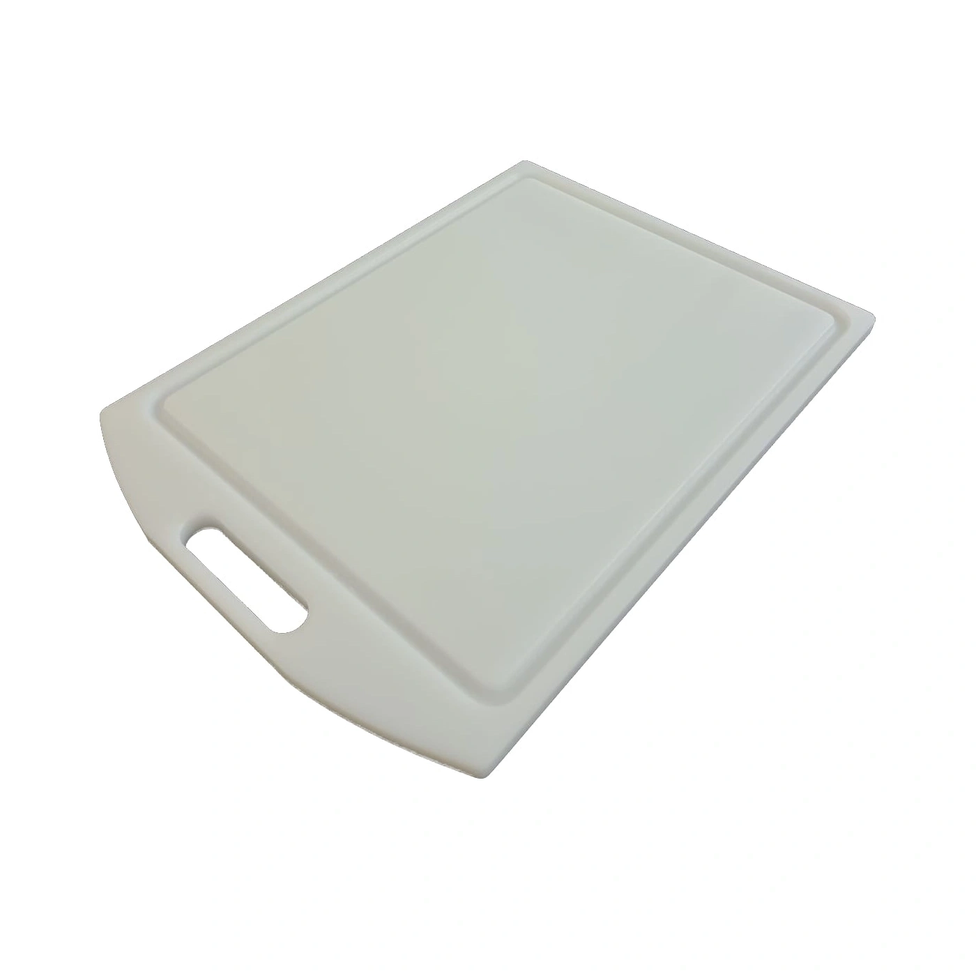 Planche à découper rectangulaire blanche avec poignée, ustensile de cuisine, isolé