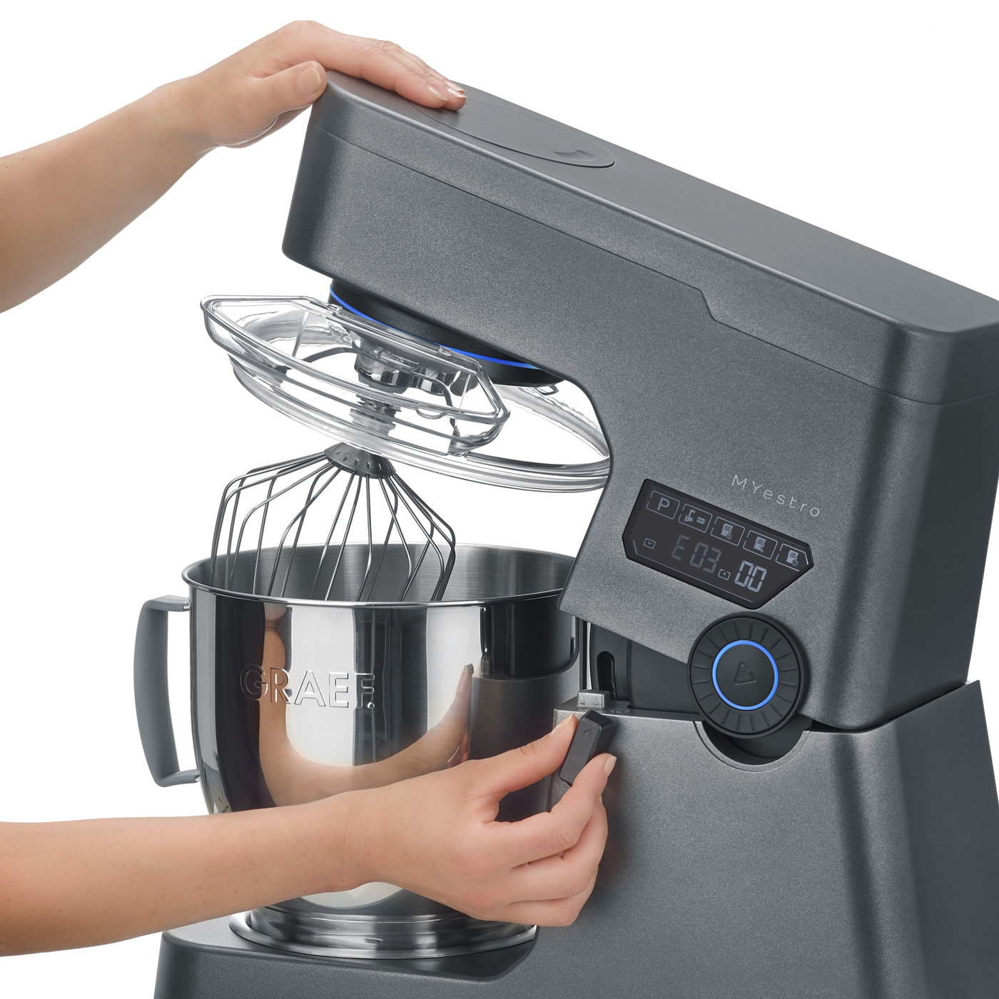 Robot de cuisine Graef, mains, fouet, bol, panneau de commande, gris, cuisine, cuisine