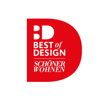 Logo rosso con testo bianco: BD BEST of DESIGN SCHÖNER WOHNEN