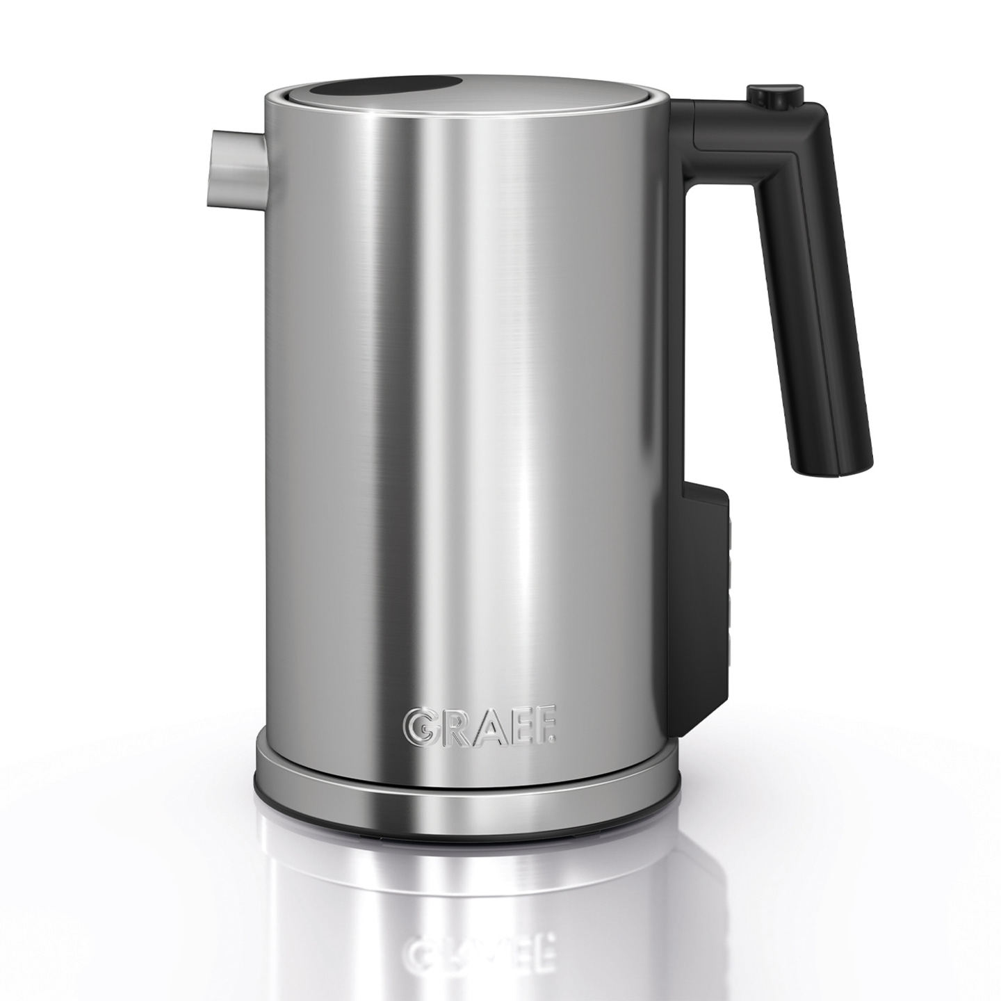 Stainless steel kettle with black handle and logo, shiny