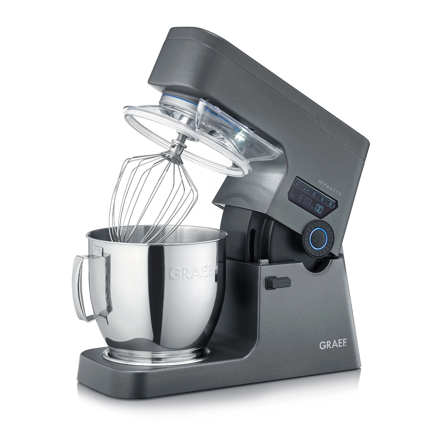 Gray kitchen mixer with whisk and bowl, Graef brand, Myestro model