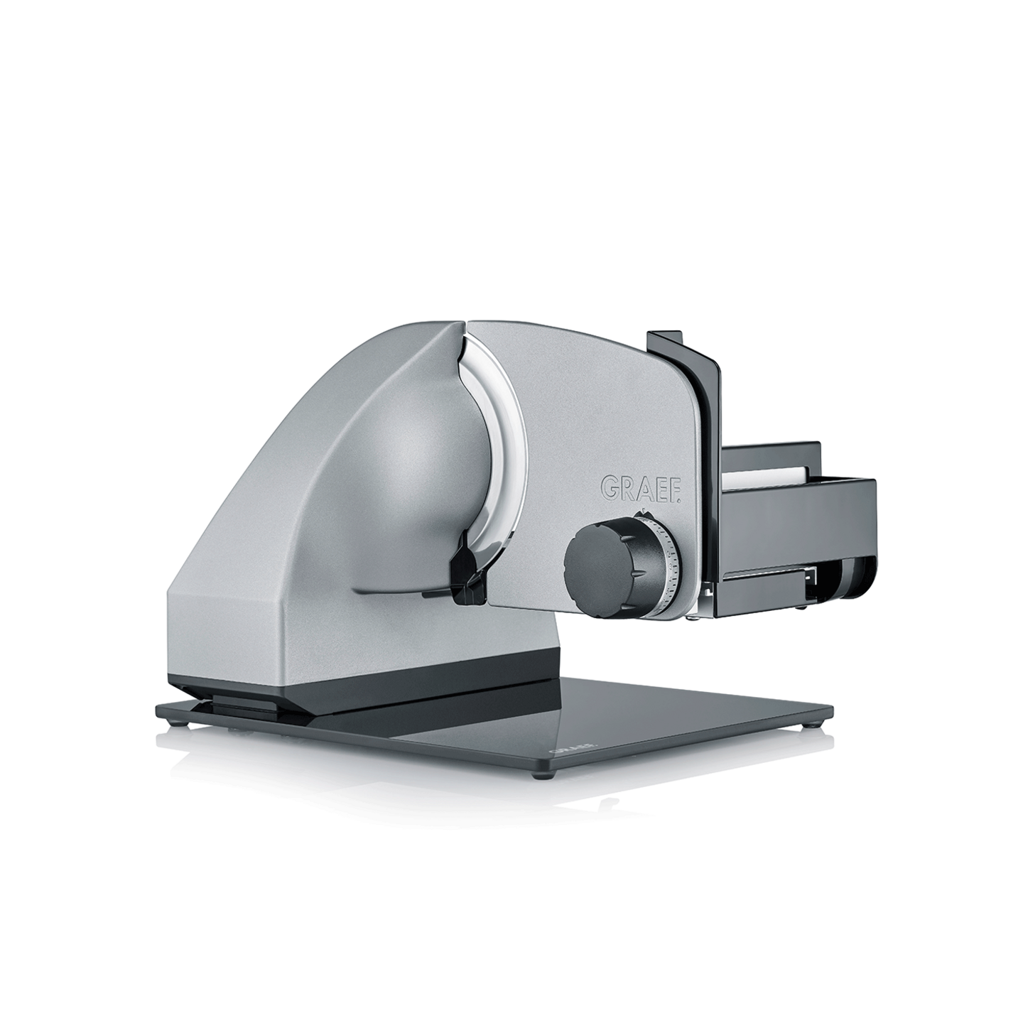 Silver Graef food slicer on white background, close-up shot of the machine