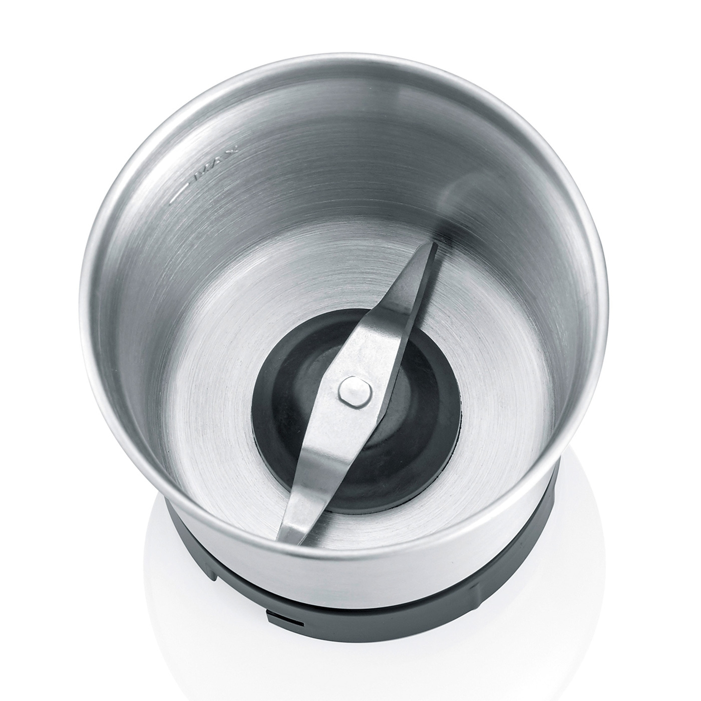 Coffee grinder from above, stainless steel, blade, inside view, empty, white background