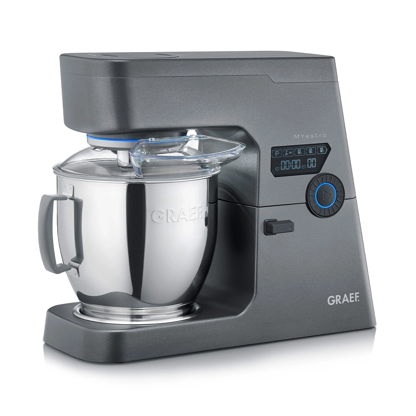 Gray Graef kitchen machine with digital display and stainless steel bowl