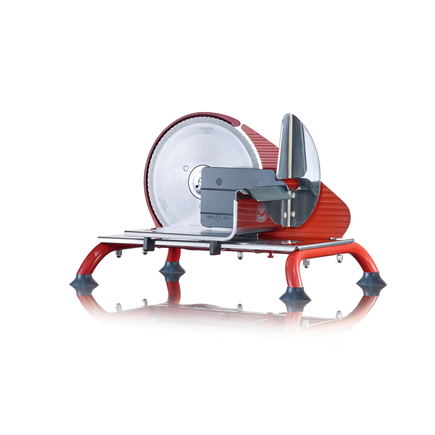 Red meat slicer with large blade and red housing on a white background