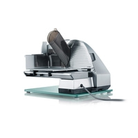 Affettatrice Graef, argento, elettrica, con piano in vetro, dettaglio, isolato