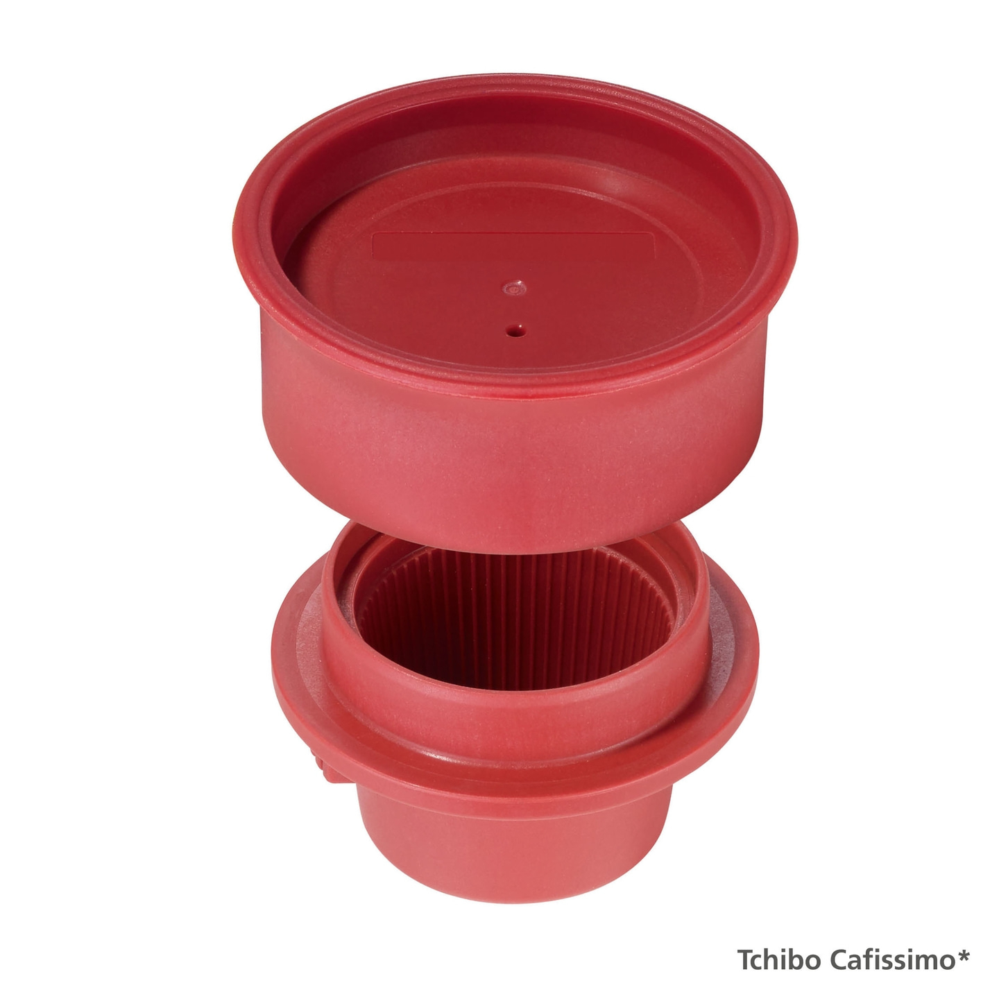 Red coffee filter holder, Tchibo Cafissimo, open, detail shot, isolated on white background