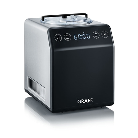 Black and silver ice cream maker with digital display and GRAEF logo on the front.