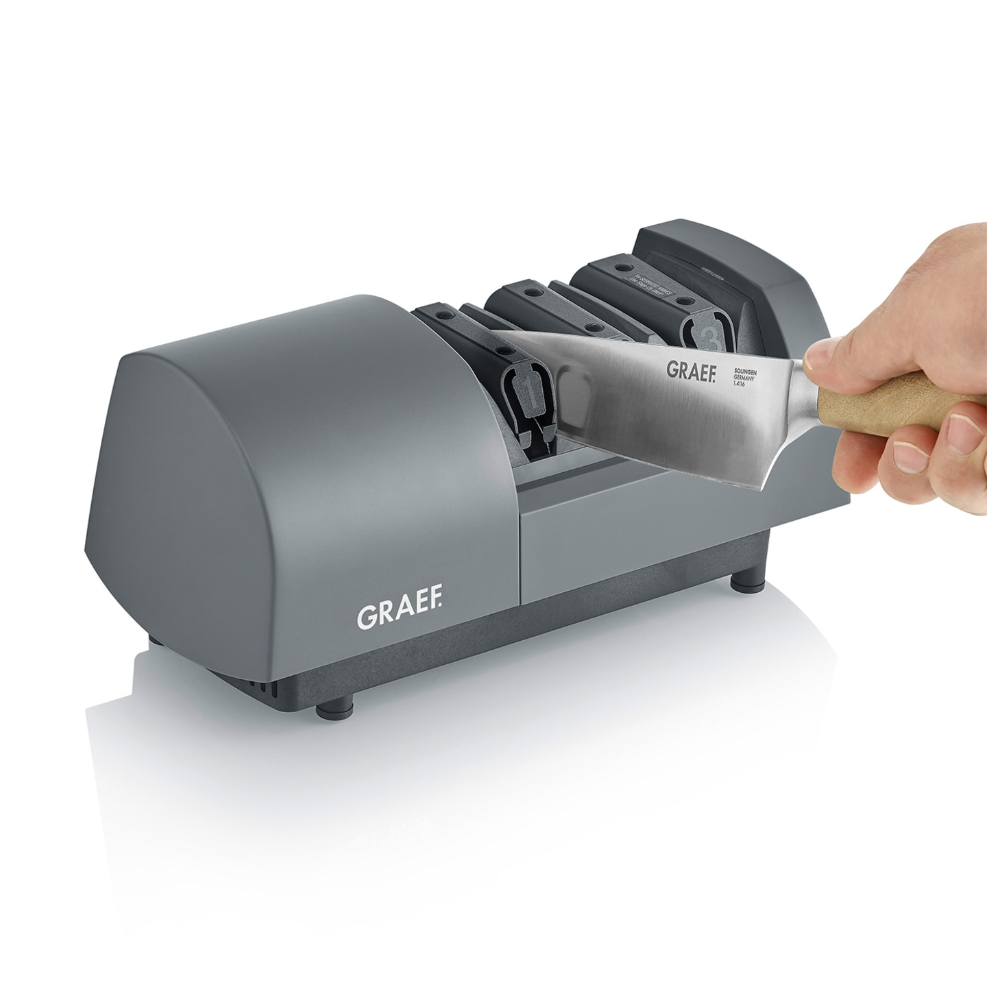 Affilacoltelli Graef, coltello, mano, affilatura, utensile da cucina, grigio, acciaio inossidabile
