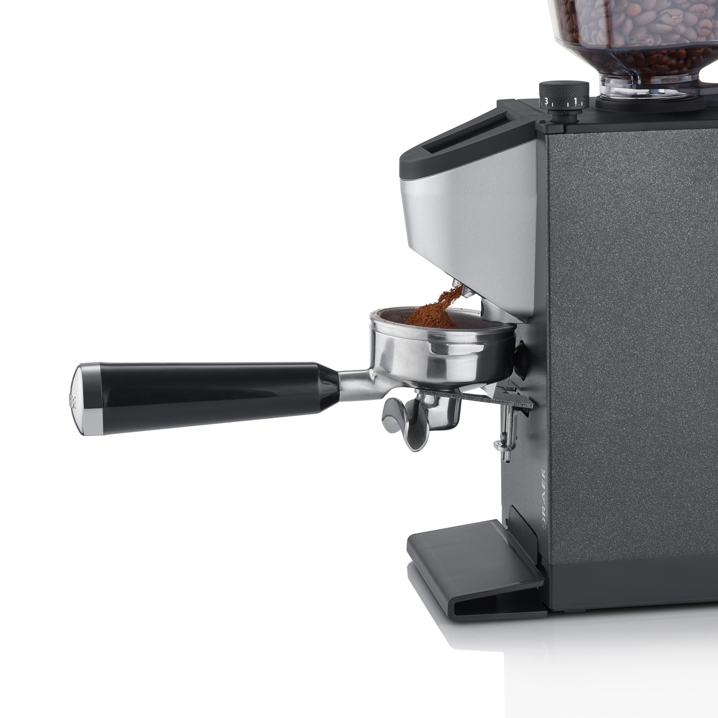 Coffee grinder with portafilter, coffee beans, grinding process, espresso preparation, close-up